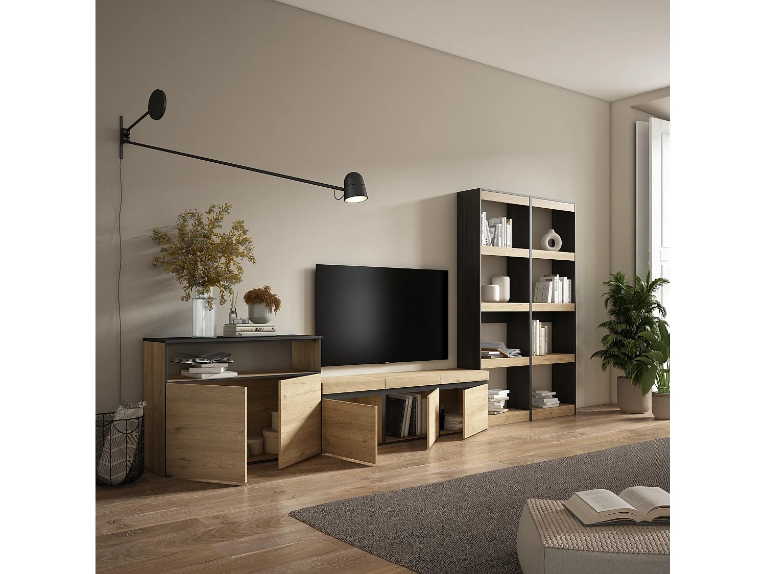 Muebles de Salón para TV, 370x35x186cm, Para TV hasta 65", Mueble Televisión, Roble y negro