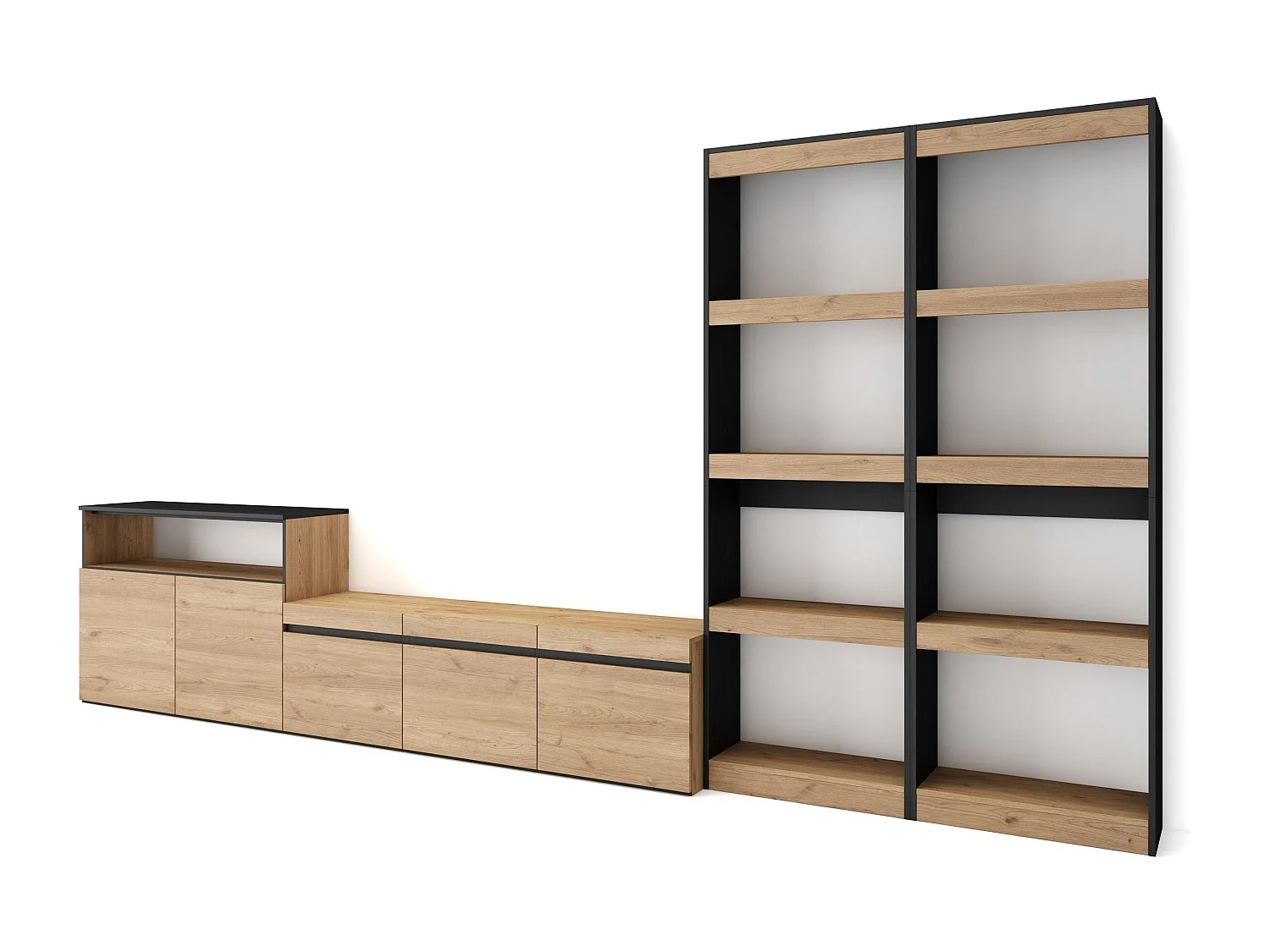 Ensemble Meuble TV, 370x35x186cm, Pour les TV jusqu'à 65", Salon Complet, Chêne et noir