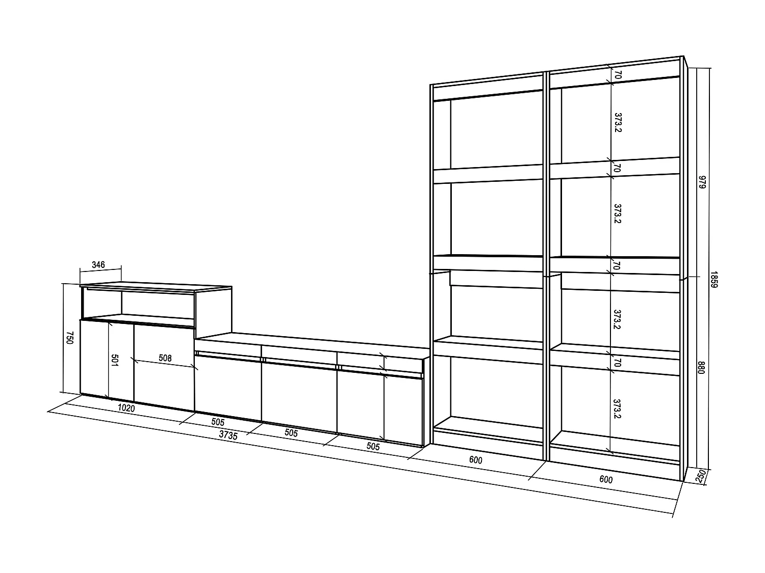 Ensemble Meuble TV, 370x35x186cm, Pour les TV jusqu'à 65", Salon Complet, Chêne et noir