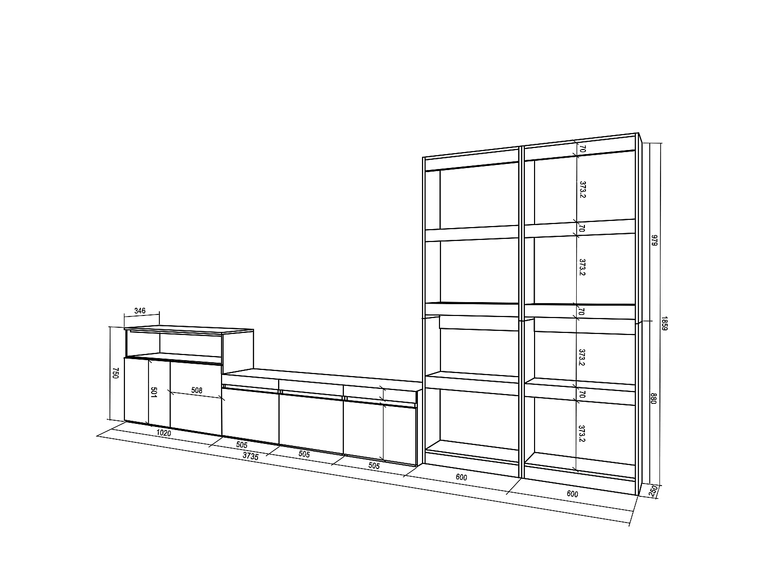 Meubels voor woonkamer, 370x35x186cm, Voor tv's tot 65", TV-Tafel, Eiken/Zwart
