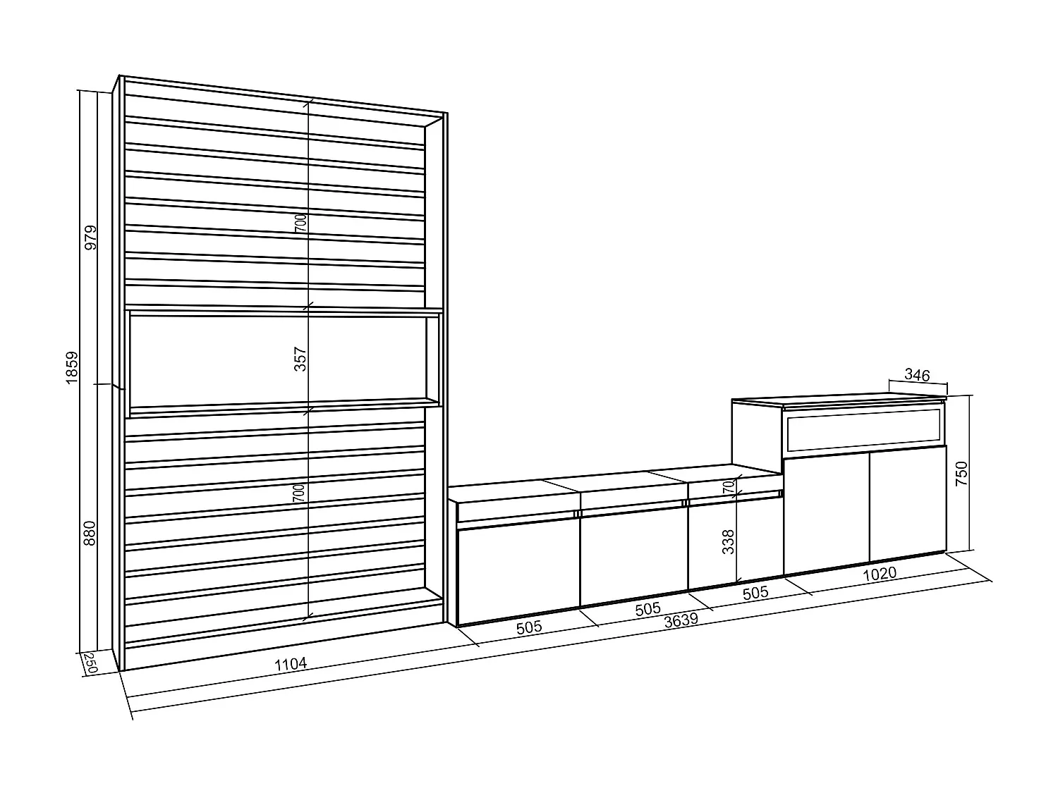 Ensemble Meuble TV, 360x35x186cm, Pour les TV jusqu'à 65", Cheminée électrique, Chêne et noir