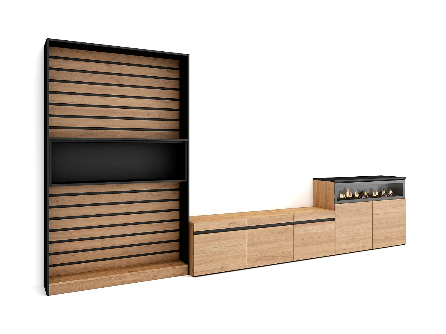 Meubels voor woonkamer, 360x35x186cm, Voor tv's tot 65", Elektrische haard, Eiken/Zwart