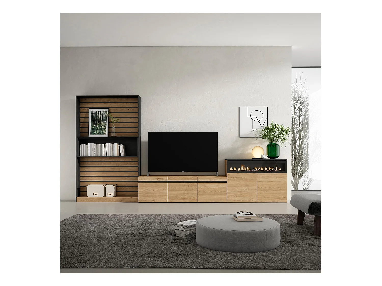 Meubels voor woonkamer, 360x35x186cm, Voor tv's tot 65", Elektrische haard, Eiken/Zwart