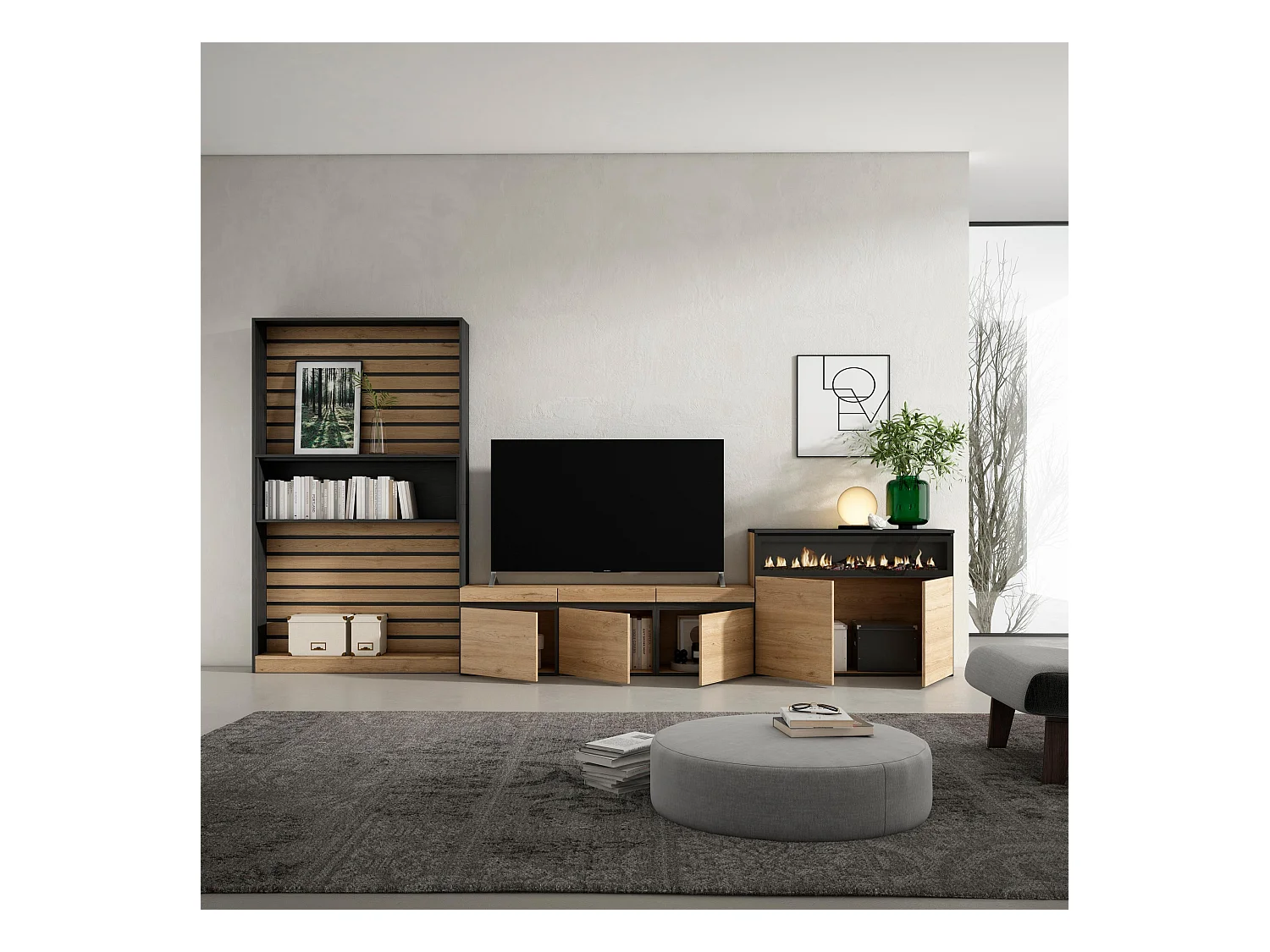 Meubels voor woonkamer, 360x35x186cm, Voor tv's tot 65", Elektrische haard, Eiken/Zwart