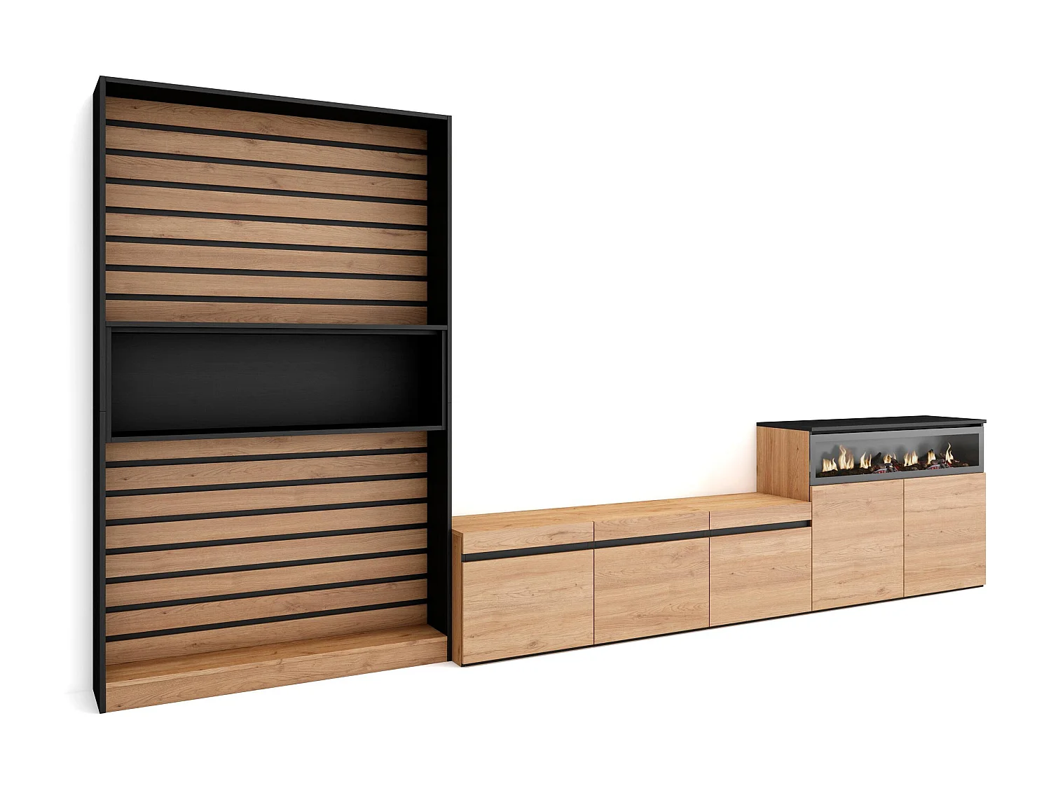 Ensemble Meuble TV, 360x35x186cm, Pour les TV jusqu'à 65", Cheminée électrique, Chêne et noir