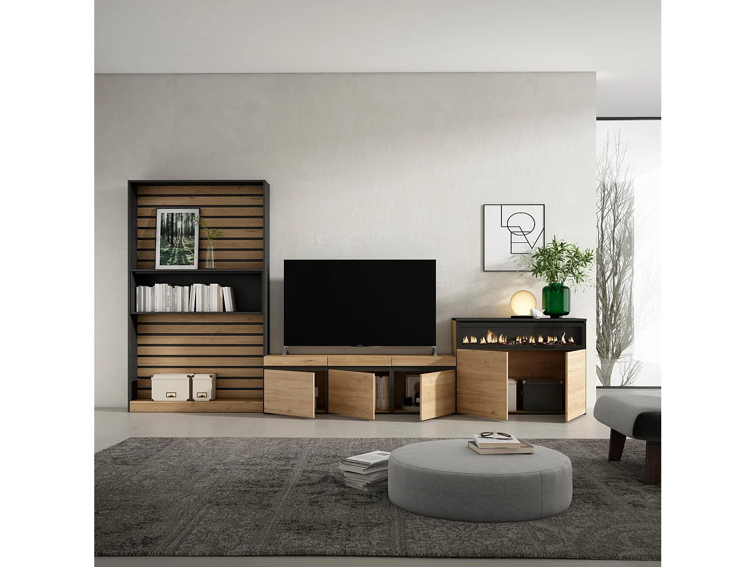 Ensemble Meuble TV, 360x35x186cm, Pour les TV jusqu'à 65", Cheminée électrique, Chêne et noir