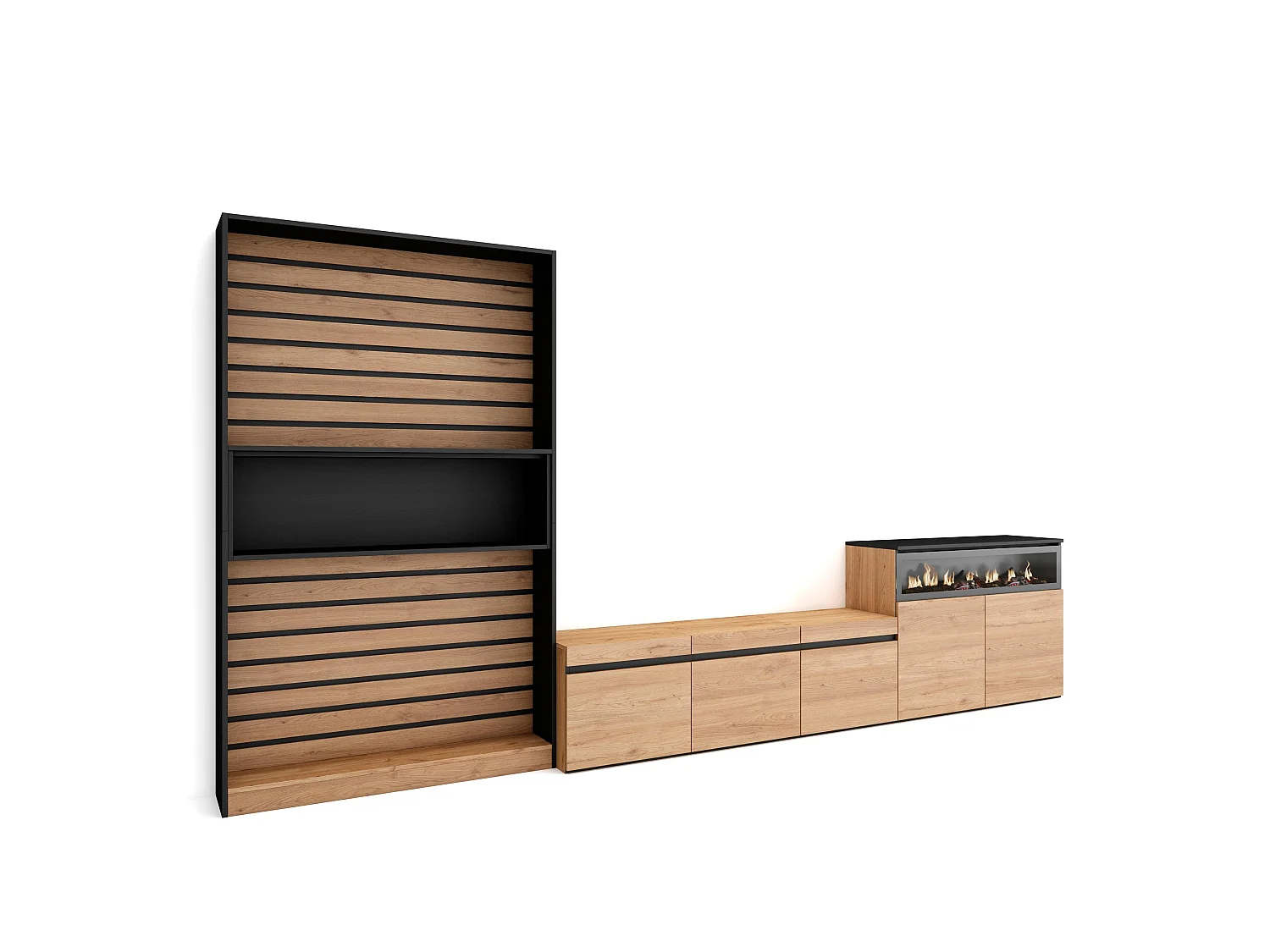 Meubels voor woonkamer, 360x35x186cm, Voor tv's tot 65", Elektrische haard, Eiken/Zwart