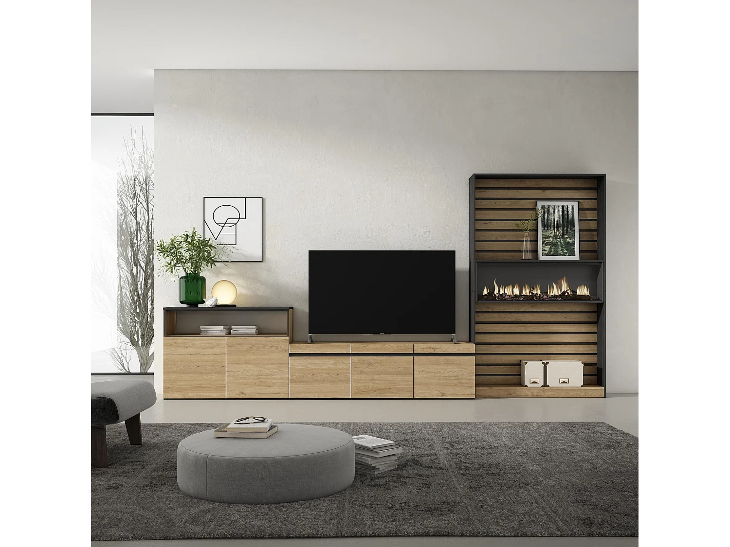 Wohnwand Wohnzimmer, 360x35x186cm, Für TV-Geräte bis zu 65", Elektrokamin, Eiche Schwarz