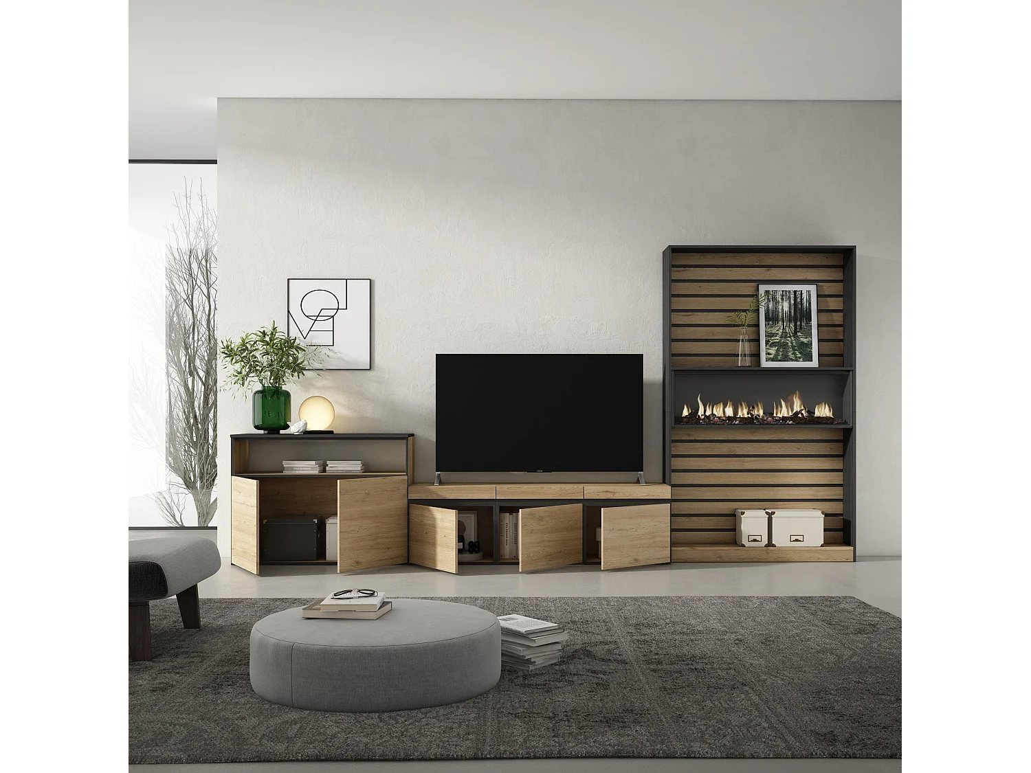 Mobile Soggiorno TV, 360x35x186cm, Per TV fino a 65", Camino elettrico, Rovere e nero