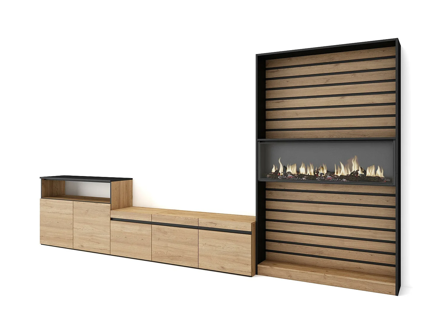 Ensemble Meuble TV, 360x35x186cm, Pour les TV jusqu'à 65", Cheminée électrique, Chêne et noir