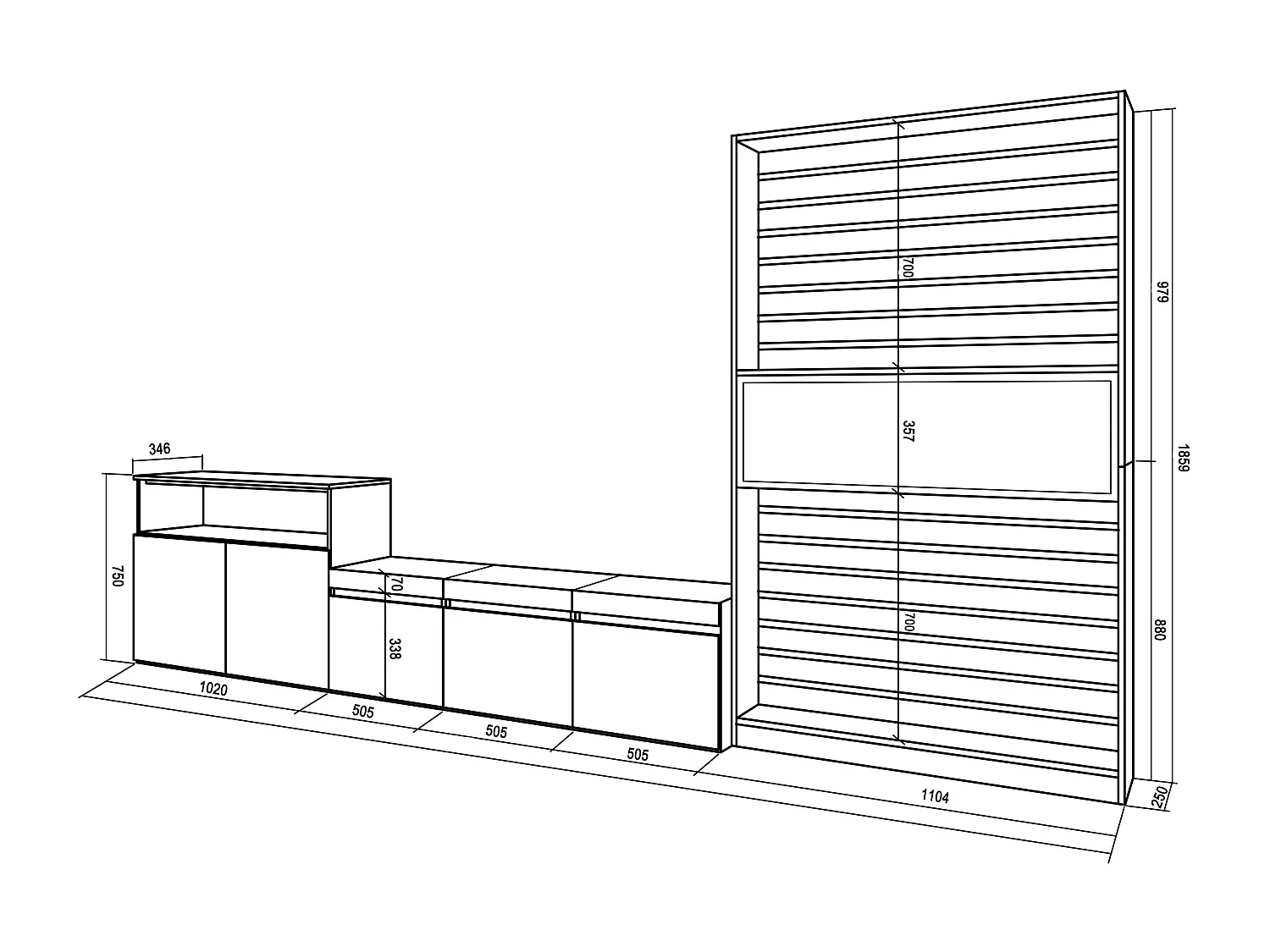 Ensemble Meuble TV, 360x35x186cm, Pour les TV jusqu'à 65", Cheminée électrique, Chêne et noir