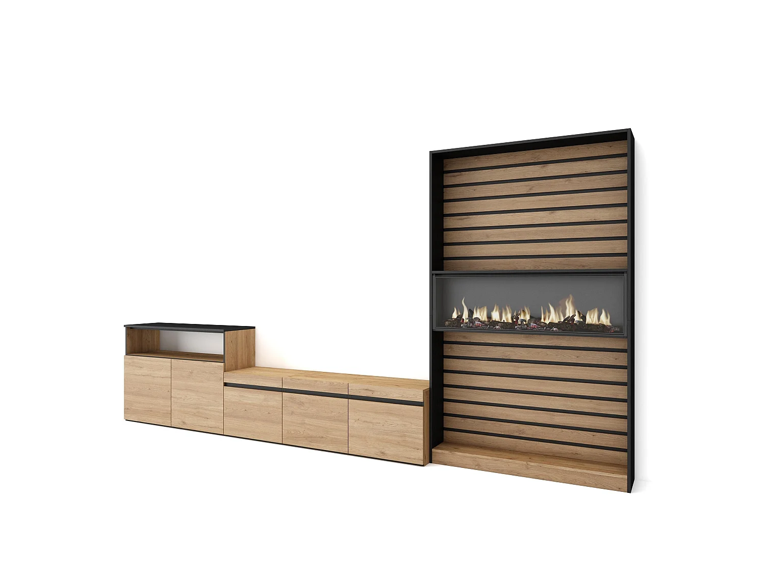 Ensemble Meuble TV, 360x35x186cm, Pour les TV jusqu'à 65", Cheminée électrique, Chêne et noir