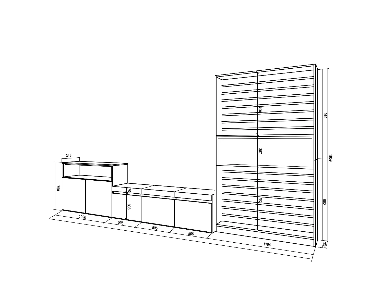 Ensemble Meuble TV, 360x35x186cm, Pour les TV jusqu'à 65", Cheminée électrique, Chêne et noir