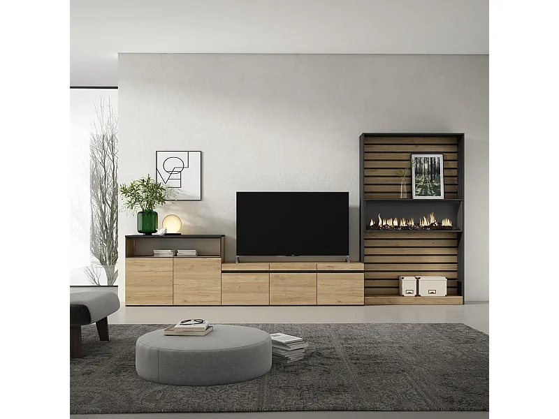 Ensemble Meuble TV, 360x35x186cm, Pour les TV jusqu'à 65", Cheminée électrique, Chêne et noir
