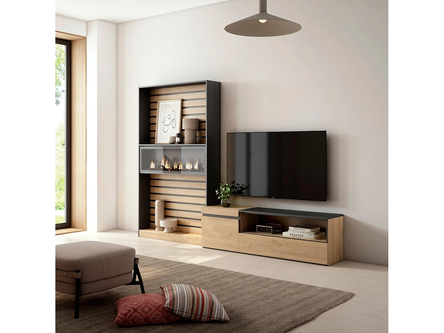 Ensemble Meuble TV, 260x35x186cm, Pour les TV jusqu'à 65", Cheminée électrique, Chêne et noir