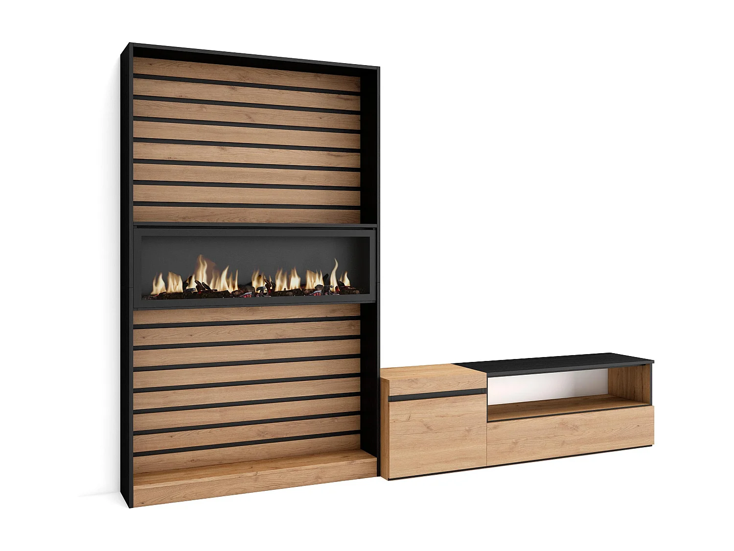 Ensemble Meuble TV, 260x35x186cm, Pour les TV jusqu'à 65", Cheminée électrique, Chêne et noir