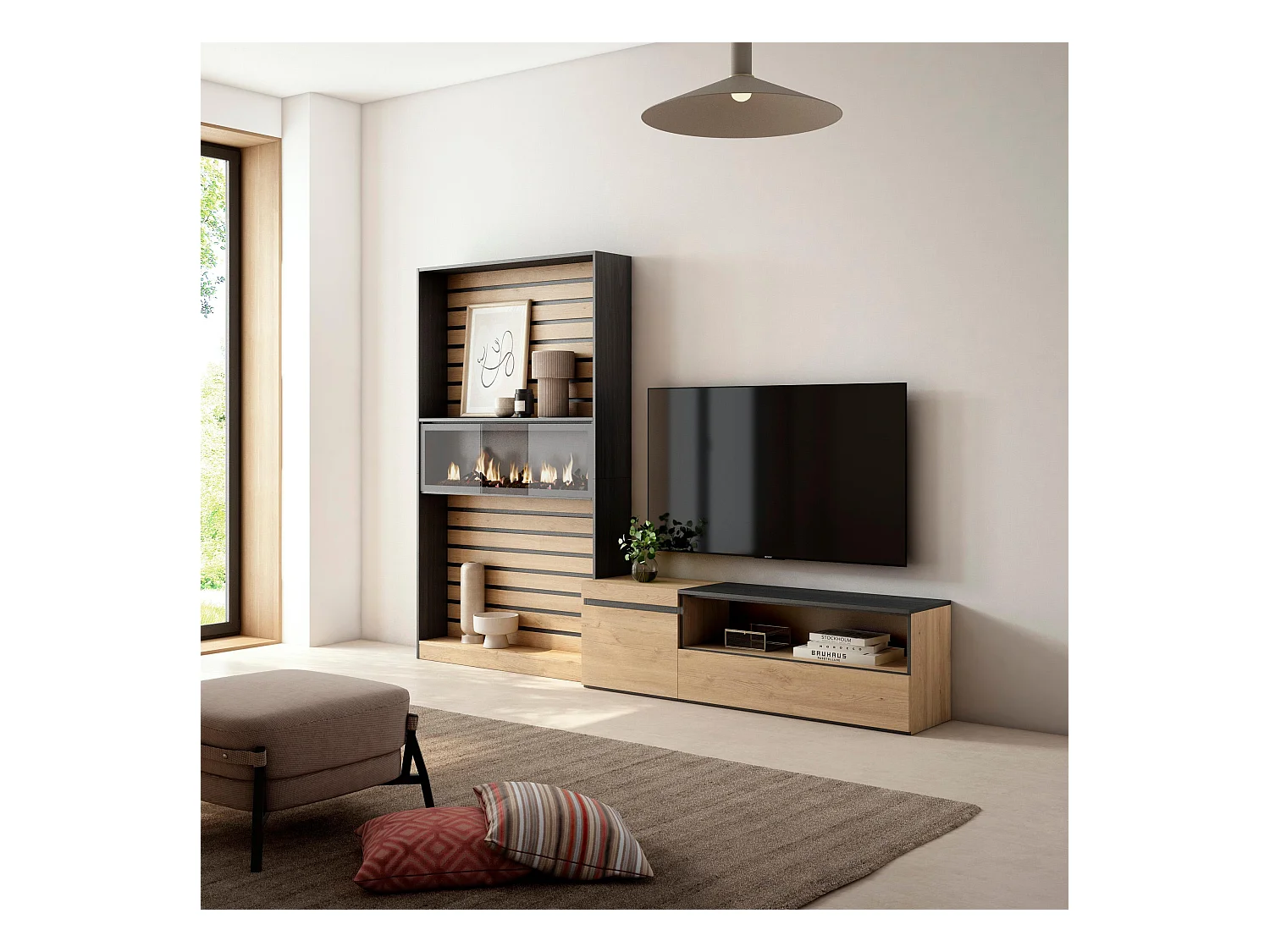 Ensemble Meuble TV, 260x35x186cm, Pour les TV jusqu'à 65", Cheminée électrique, Chêne et noir