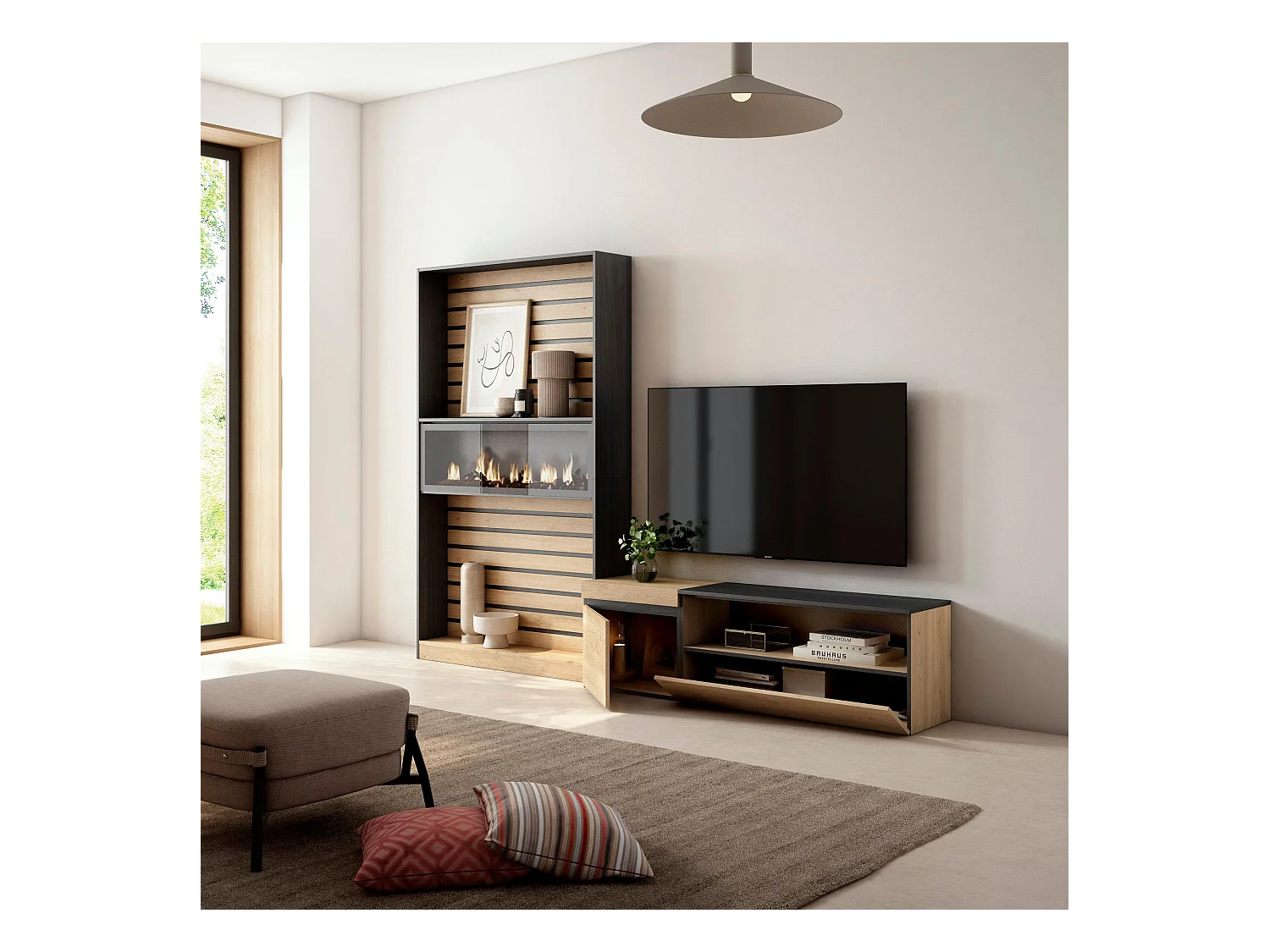 Ensemble Meuble TV, 260x35x186cm, Pour les TV jusqu'à 65", Cheminée électrique, Chêne et noir