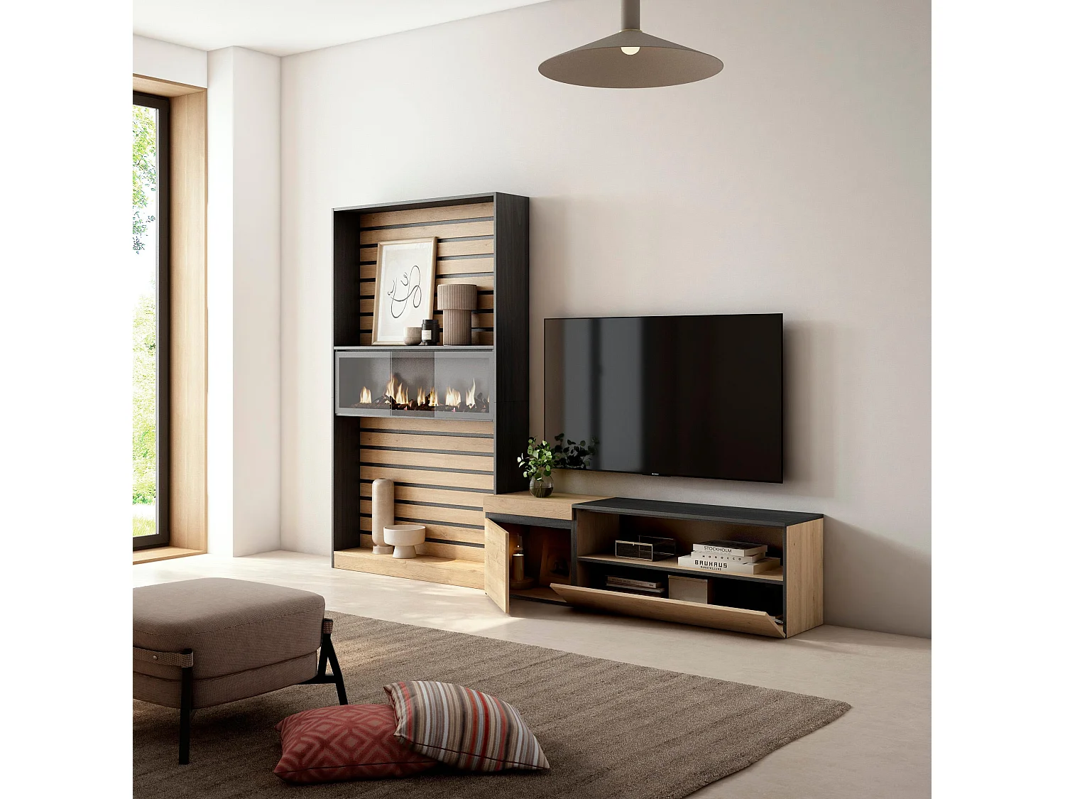 Ensemble Meuble TV, 260x35x186cm, Pour les TV jusqu'à 65", Cheminée électrique, Chêne et noir