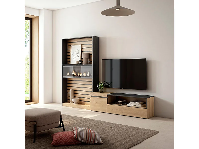Ensemble Meuble TV, 260x35x186cm, Pour les TV jusqu'à 65", Cheminée électrique, Chêne et noir