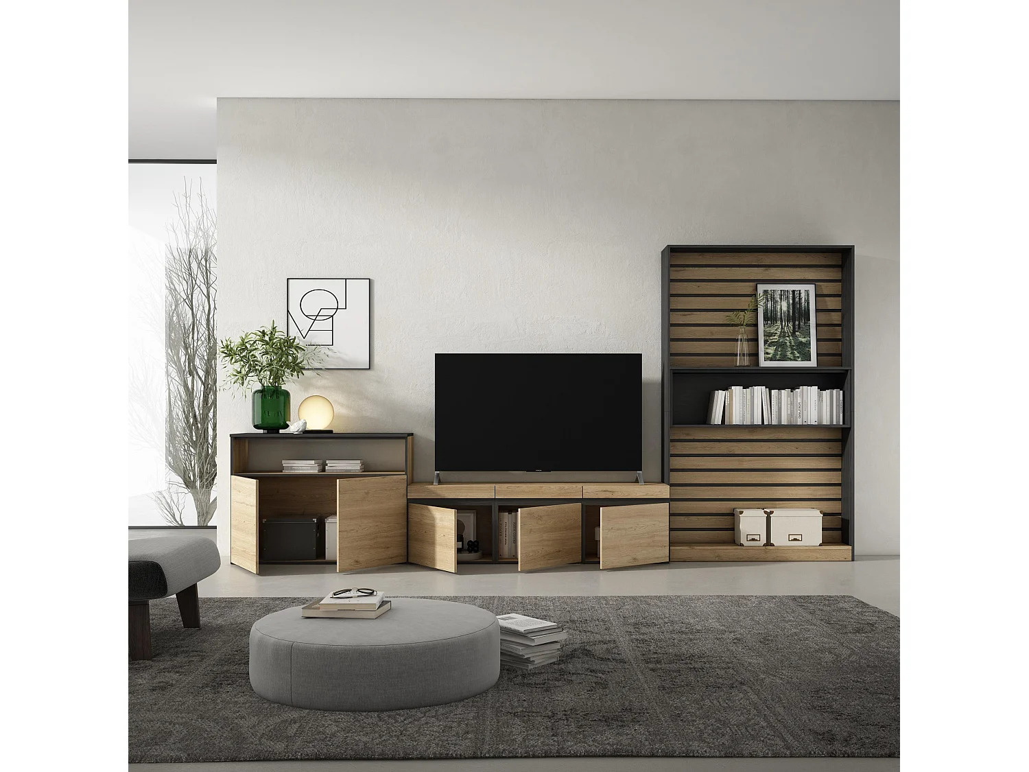 Ensemble Meuble TV, 360x35x186cm, Pour les TV jusqu'à 65", Salon Complet, Chêne et noir