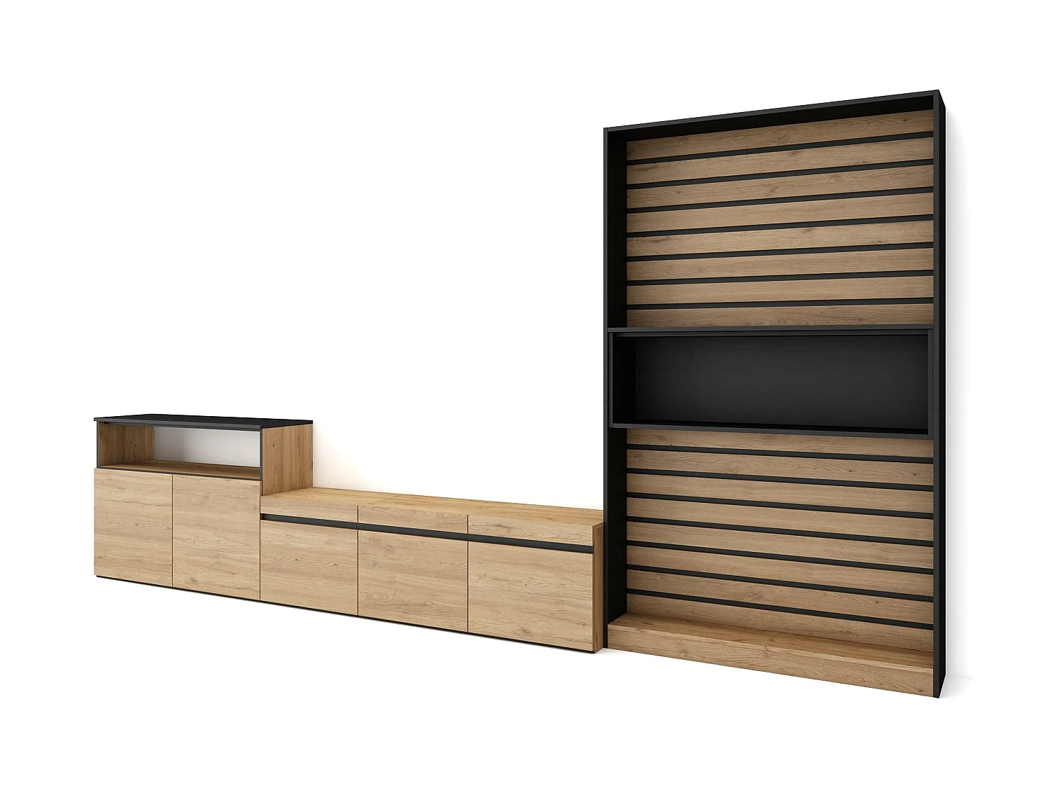 Ensemble Meuble TV, 360x35x186cm, Pour les TV jusqu'à 65", Salon Complet, Chêne et noir
