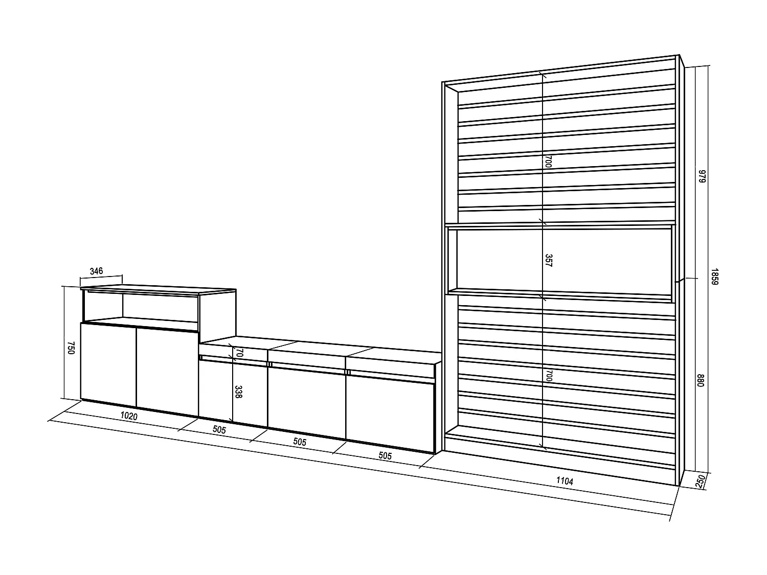 Meubels voor woonkamer, 360x35x186cm, Voor tv's tot 65", TV-Tafel, Eiken/Zwart