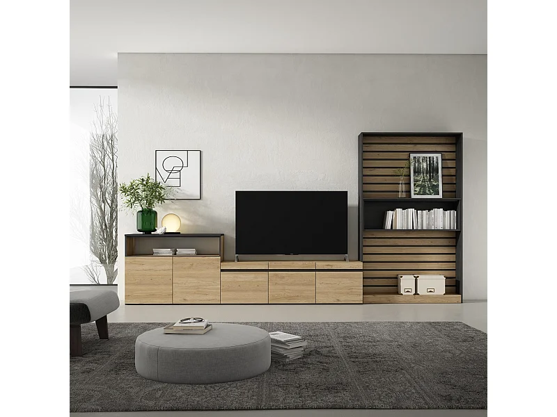 Ensemble Meuble TV, 360x35x186cm, Pour les TV jusqu'à 65", Salon Complet, Chêne et noir