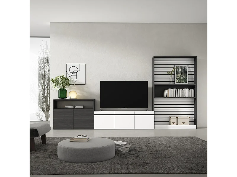 Mobile Soggiorno TV, 360x35x186cm, Per TV fino a 65", Set di mobili, Bianco e nero