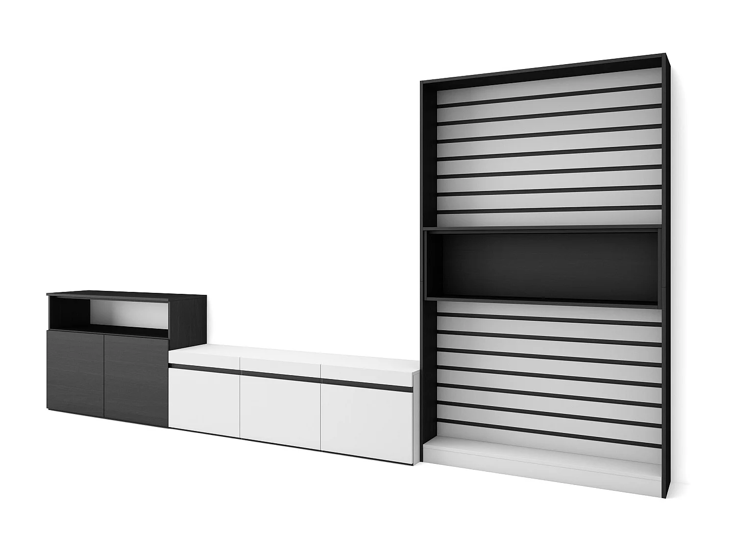 Ensemble Meuble TV, 360x35x186cm, Pour les TV jusqu'à 65", Salon Complet, Blanc et noir