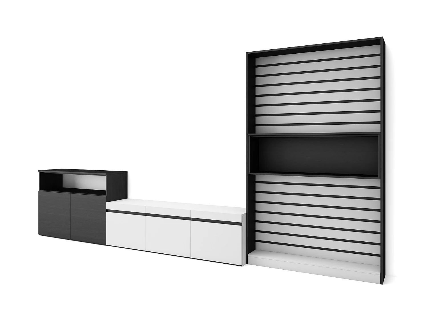 Ensemble Meuble TV, 360x35x186cm, Pour les TV jusqu'à 65", Salon Complet, Blanc et noir