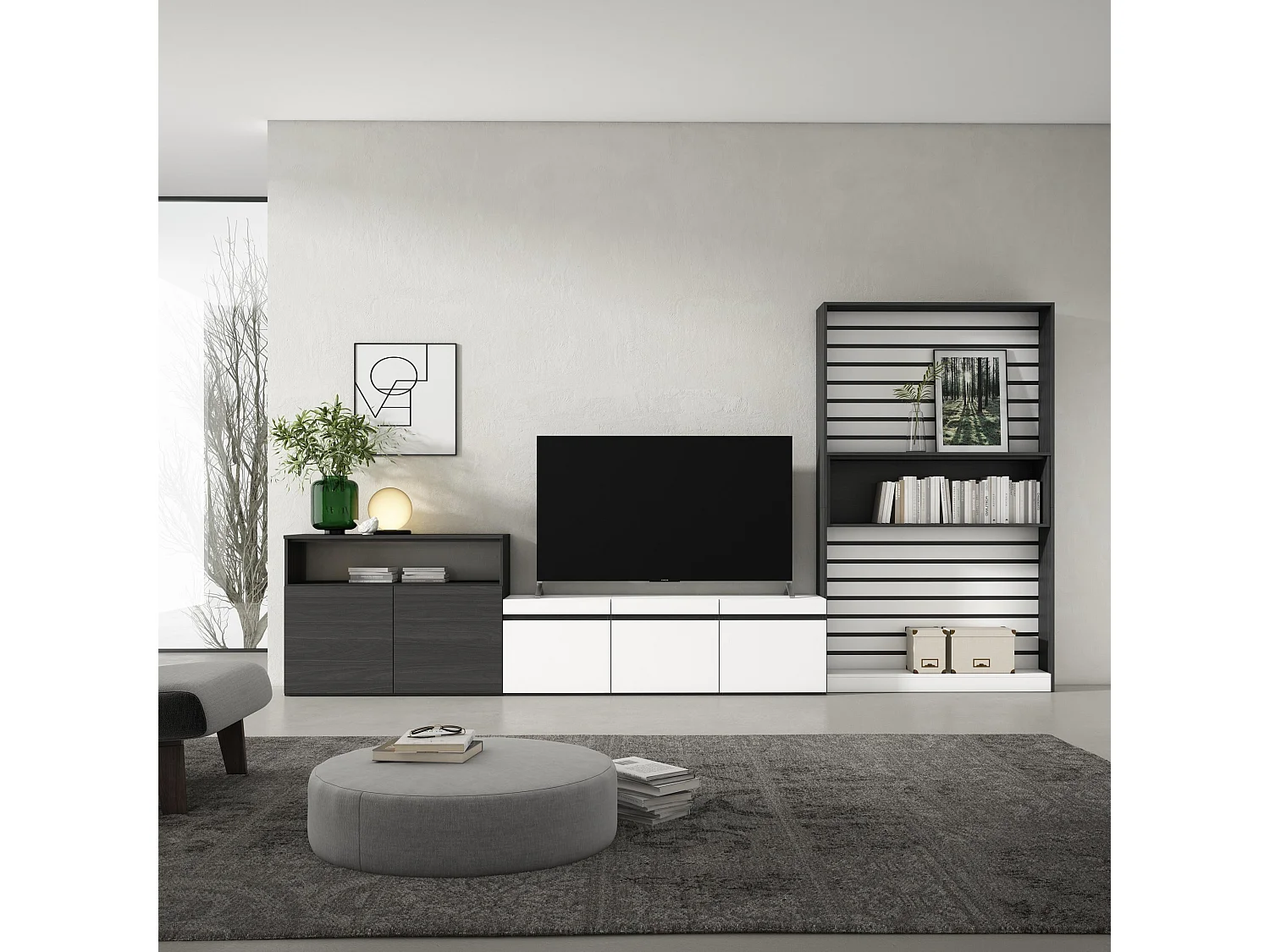 Ensemble Meuble TV, 360x35x186cm, Pour les TV jusqu'à 65", Salon Complet, Blanc et noir