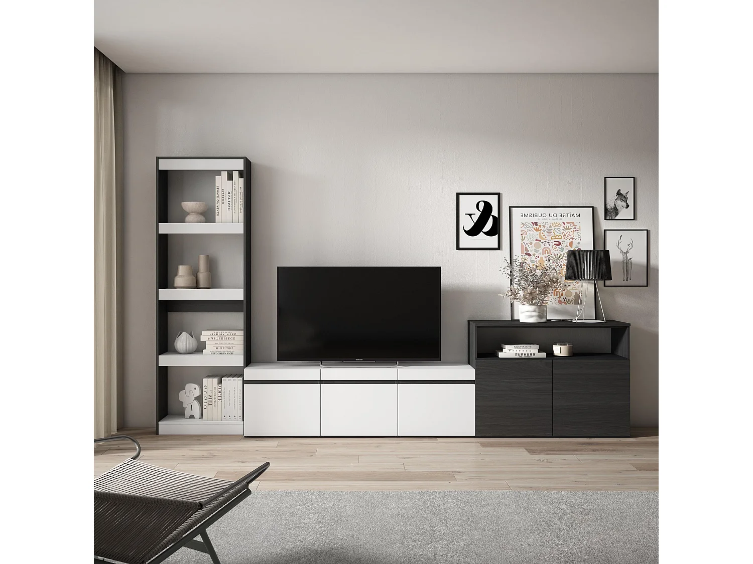 Ensemble Meuble TV, 310x186x35cm, Pour les TV jusqu'à 65", Salon Complet, Blanc et noir