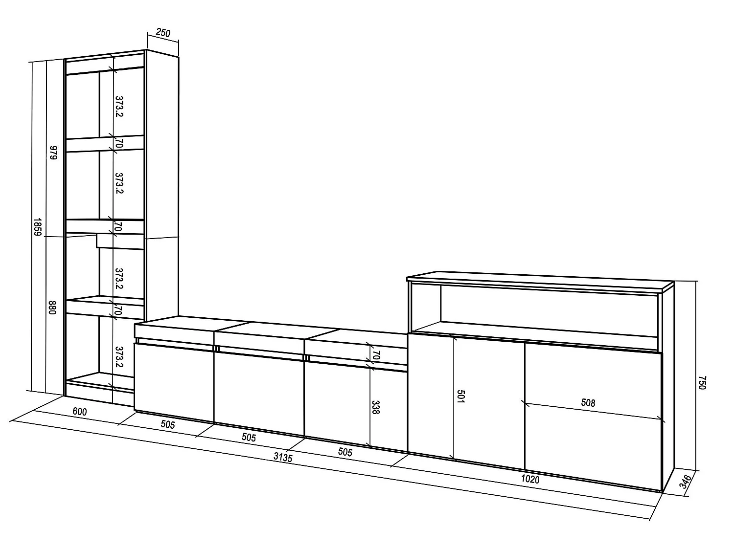 Ensemble Meuble TV, 310x186x35cm, Pour les TV jusqu'à 65", Salon Complet, Blanc et noir