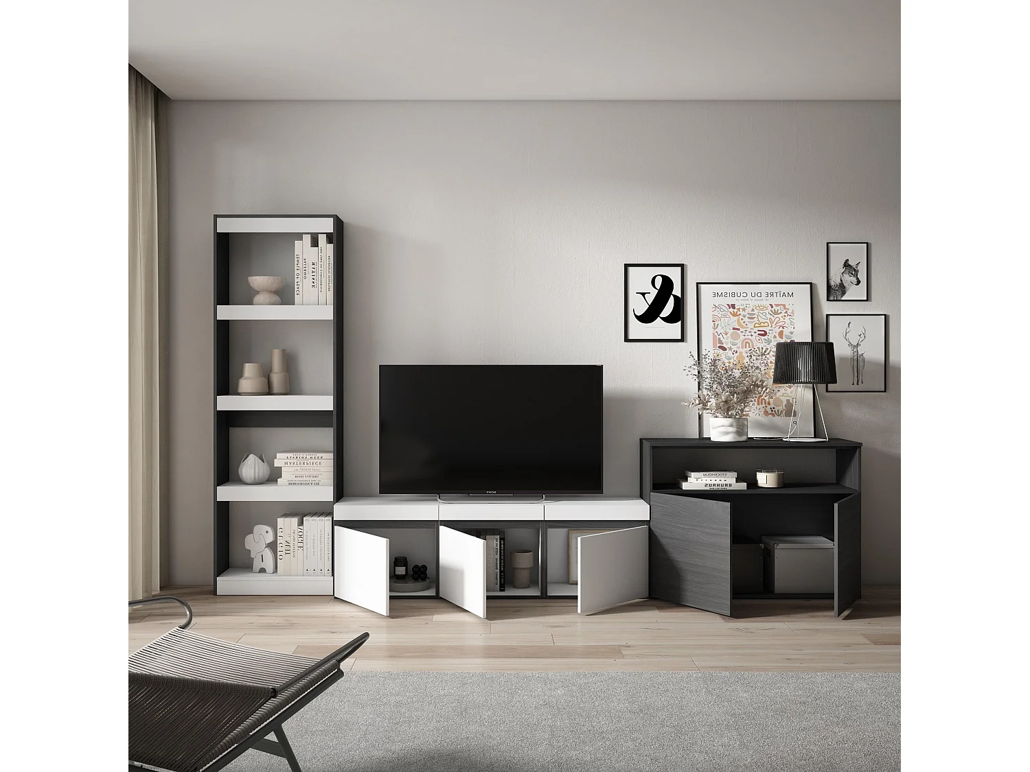 Meubels voor woonkamer, 310x186x35cm, Voor tv's tot 65", TV-Tafel, Wit en Zwart