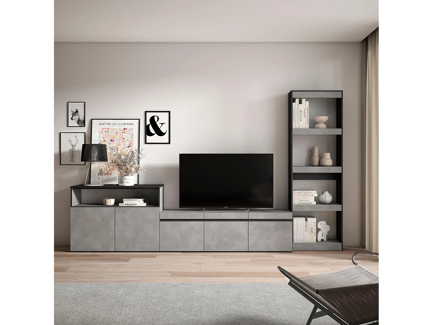 Wohnwand Wohnzimmer, 310x35x186cm, Für TV-Geräte bis zu 65", Wohnzimmer Möbel , Zement