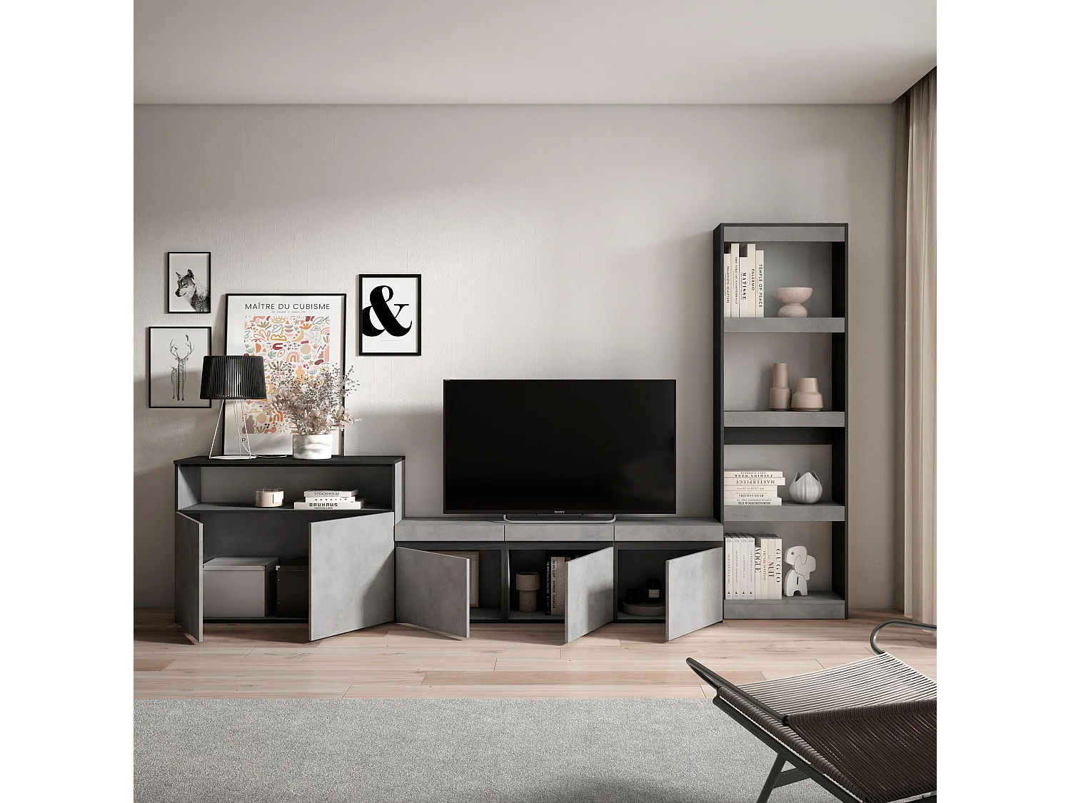 Wohnwand Wohnzimmer, 310x35x186cm, Für TV-Geräte bis zu 65", Wohnzimmer Möbel , Zement