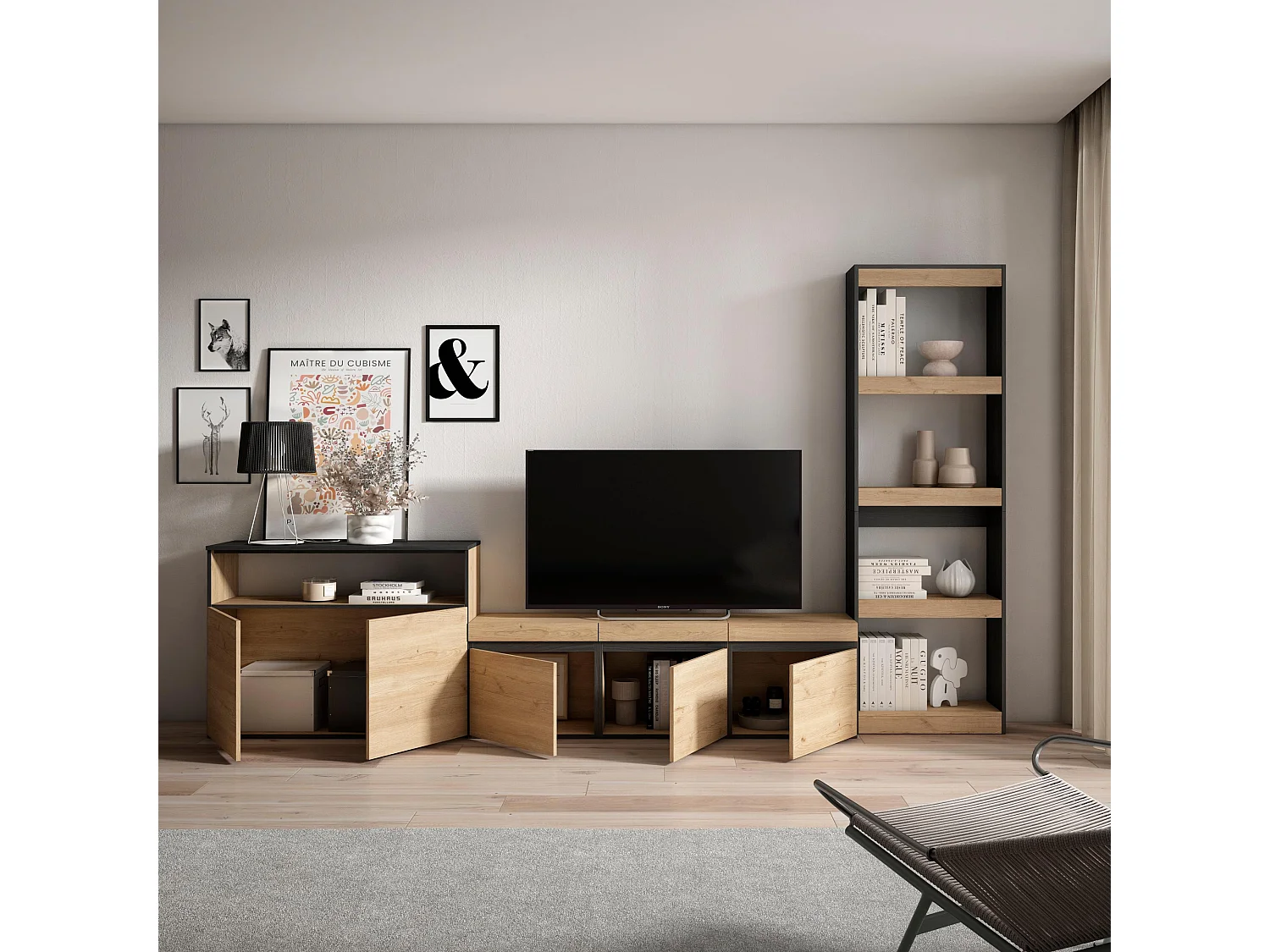 Meubels voor woonkamer, 310x35x186cm, Voor tv's tot 65", TV-Tafel, Eiken/Zwart