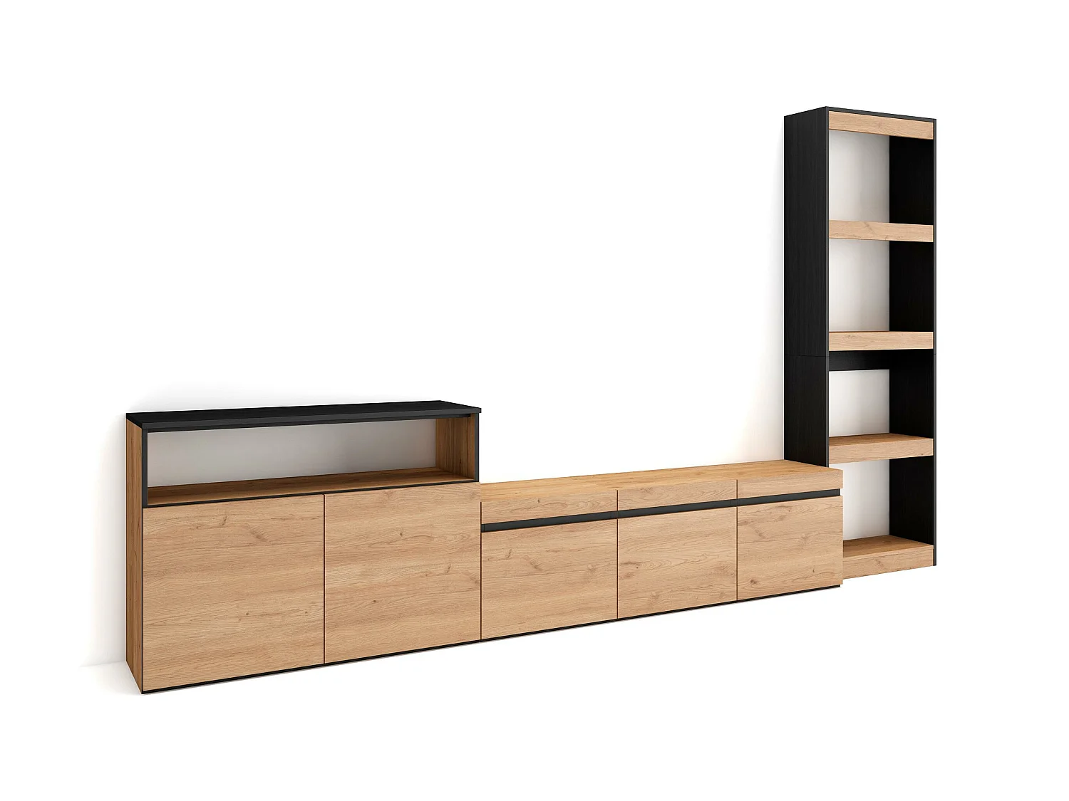 Ensemble Meuble TV, 310x35x186cm, Pour les TV jusqu'à 65", Salon Complet, Chêne et noir