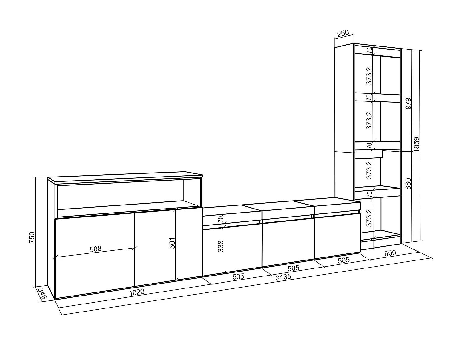 Ensemble Meuble TV, 310x35x186cm, Pour les TV jusqu'à 65", Salon Complet, Chêne et noir