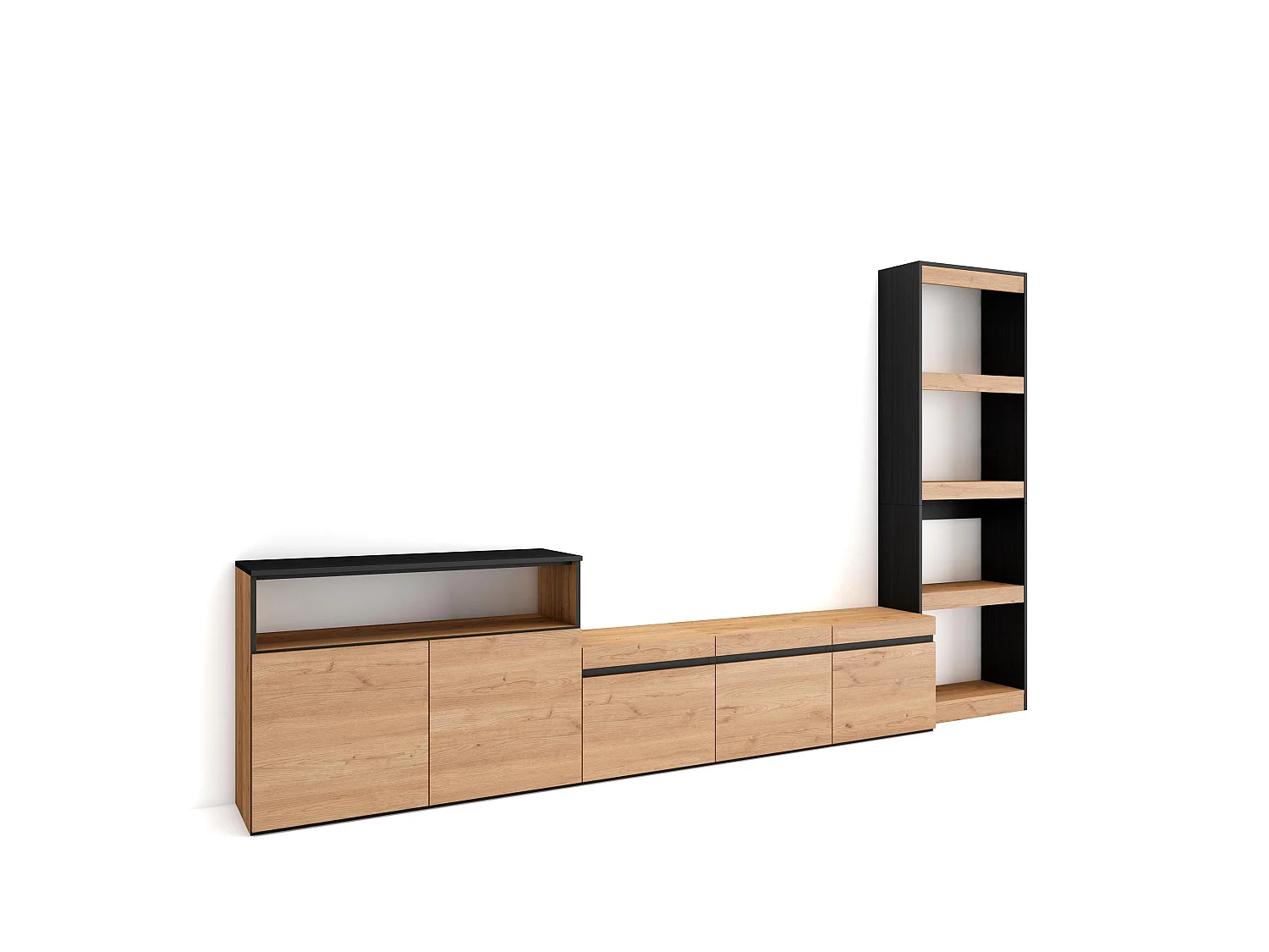 Ensemble Meuble TV, 310x35x186cm, Pour les TV jusqu'à 65", Salon Complet, Chêne et noir