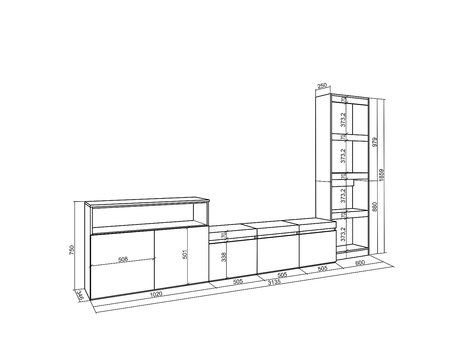 Ensemble Meuble TV, 310x35x186cm, Pour les TV jusqu'à 65", Salon Complet, Chêne et noir