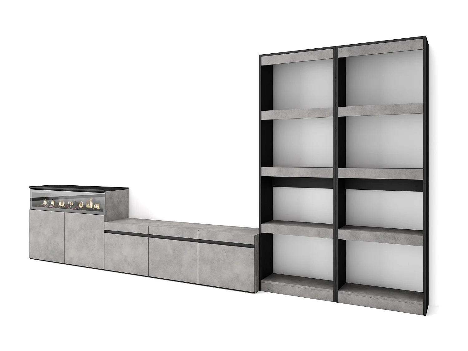 Mobile Soggiorno TV, 370x35x186cm, Per TV fino a 65", Camino elettrico, Cemento