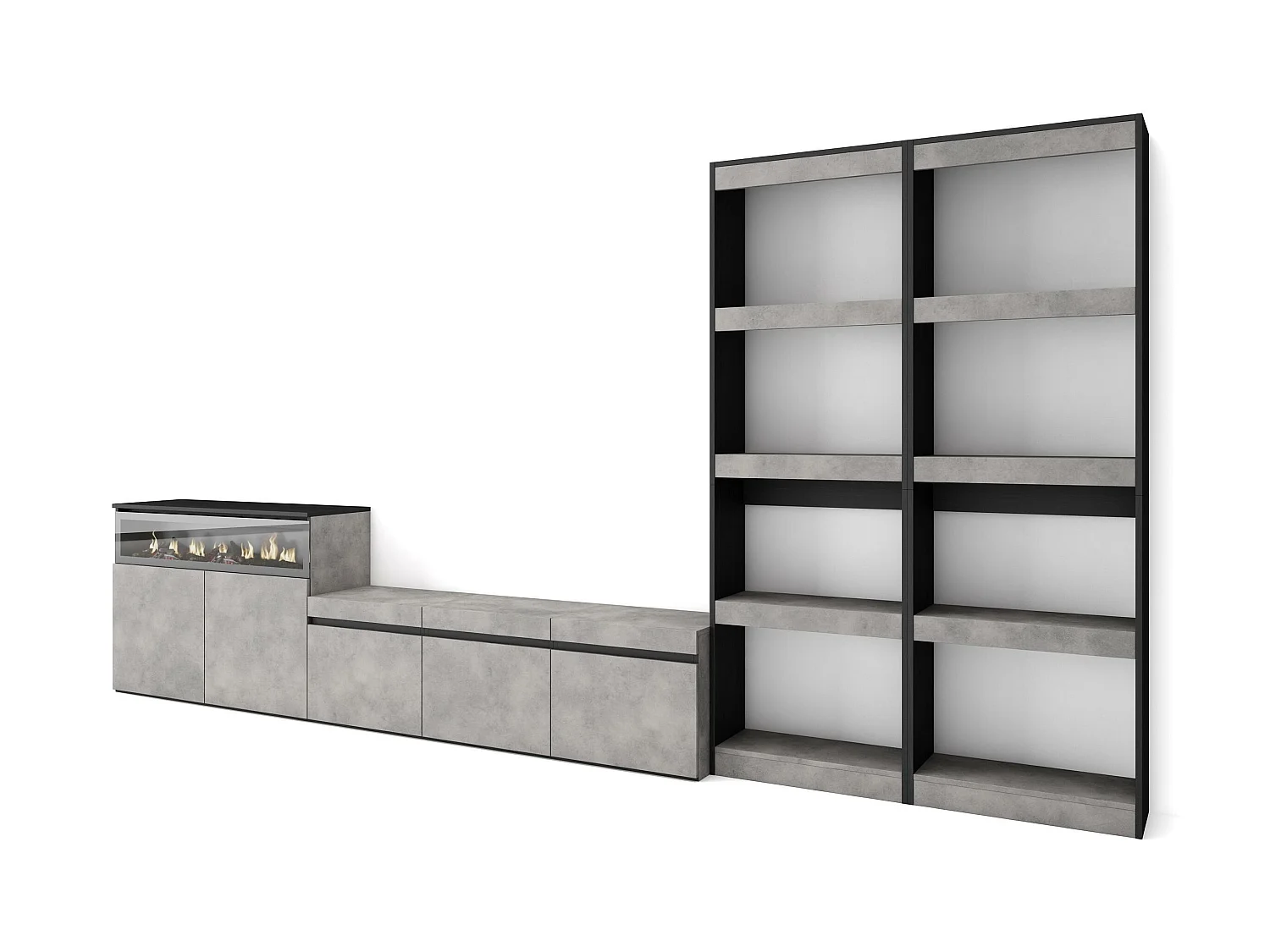Ensemble Meuble TV, 370x35x186cm, Pour les TV jusqu'à 65", Cheminée électrique, Ciment
