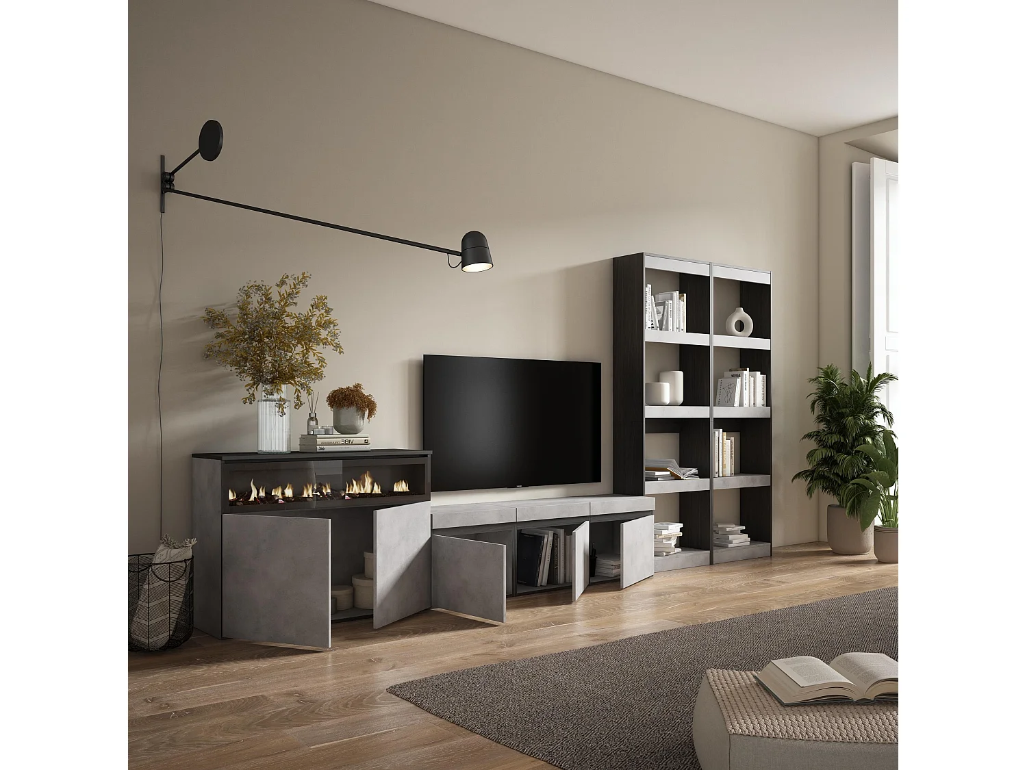 Ensemble Meuble TV, 370x35x186cm, Pour les TV jusqu'à 65", Cheminée électrique, Ciment