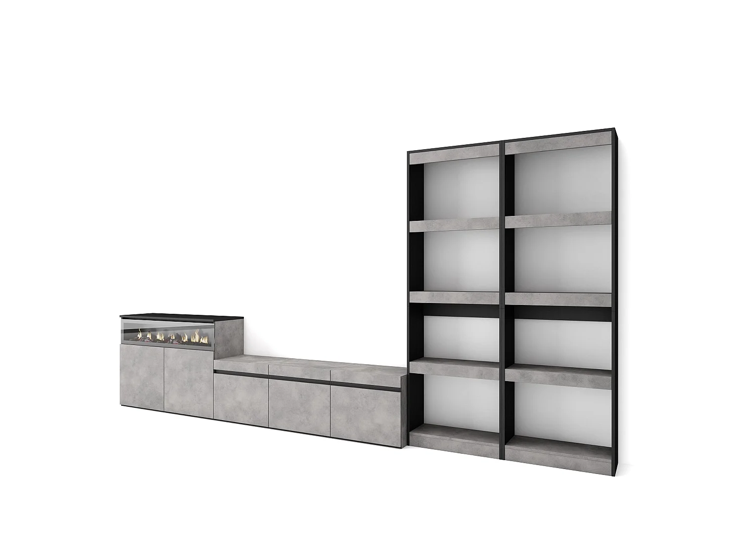 Ensemble Meuble TV, 370x35x186cm, Pour les TV jusqu'à 65", Cheminée électrique, Ciment