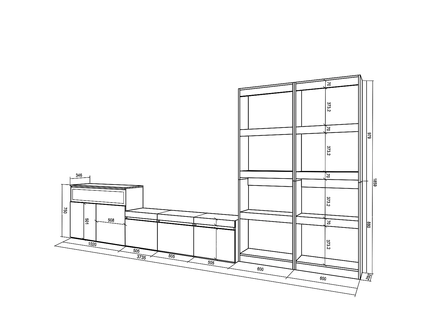 Ensemble Meuble TV, 370x35x186cm, Pour les TV jusqu'à 65", Cheminée électrique, Ciment