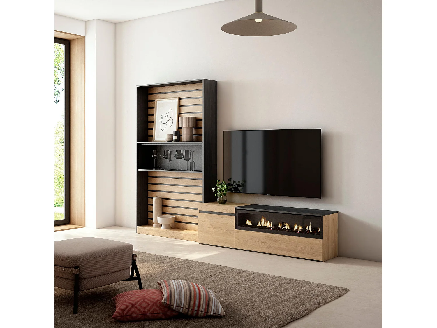 Ensemble Meuble TV, 260x35x186cm, Pour les TV jusqu'à 65", Cheminée électrique, Chêne et noir