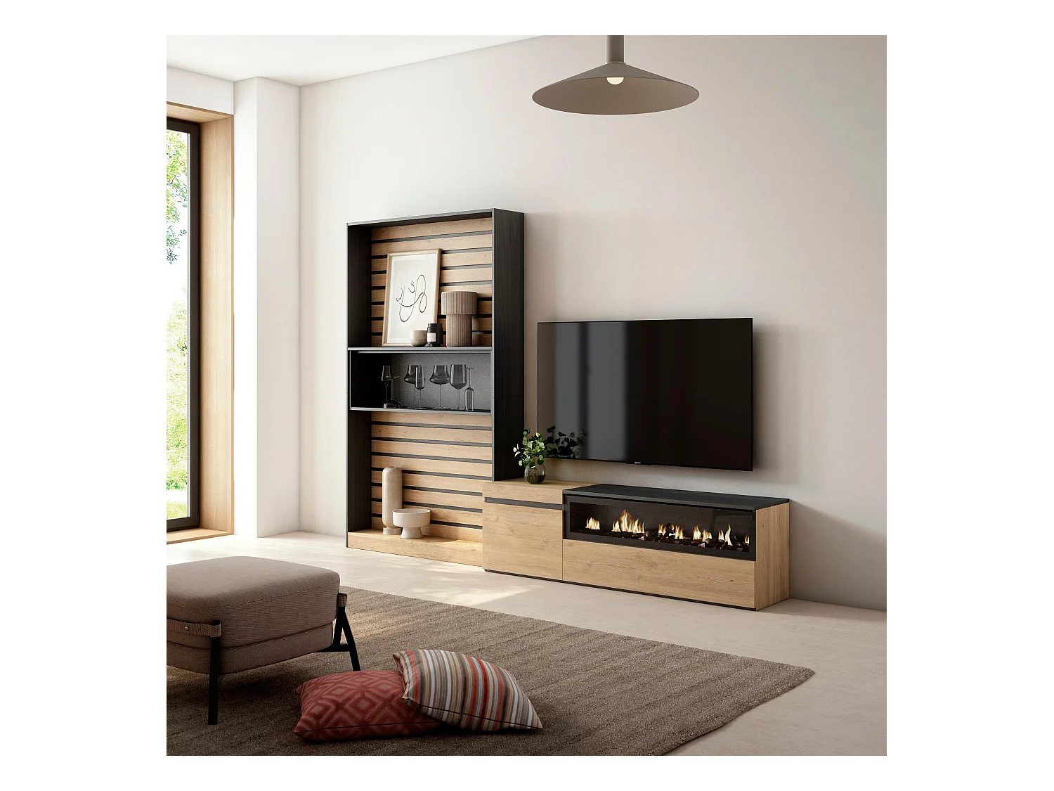 Wohnwand Wohnzimmer, 260x35x186cm, Für TV-Geräte bis zu 65", Elektrokamin. , Eiche Schwarz
