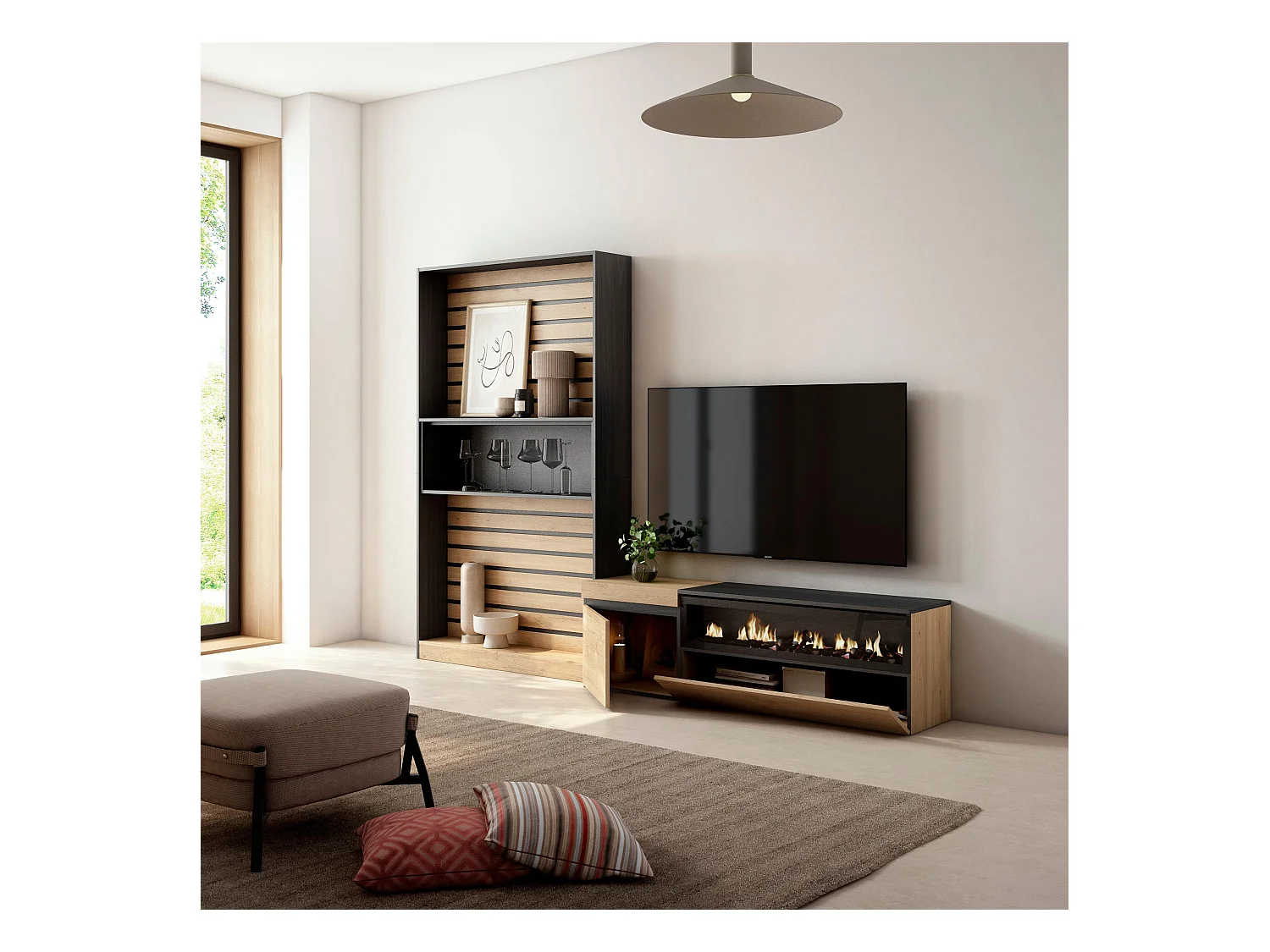 Wohnwand Wohnzimmer, 260x35x186cm, Für TV-Geräte bis zu 65", Elektrokamin. , Eiche Schwarz